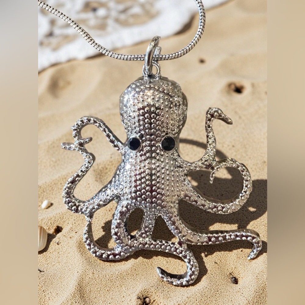Shiny Silver Toned Octopus Pendant Necklace with Rhinestone Eyes - Picture 3 of 17